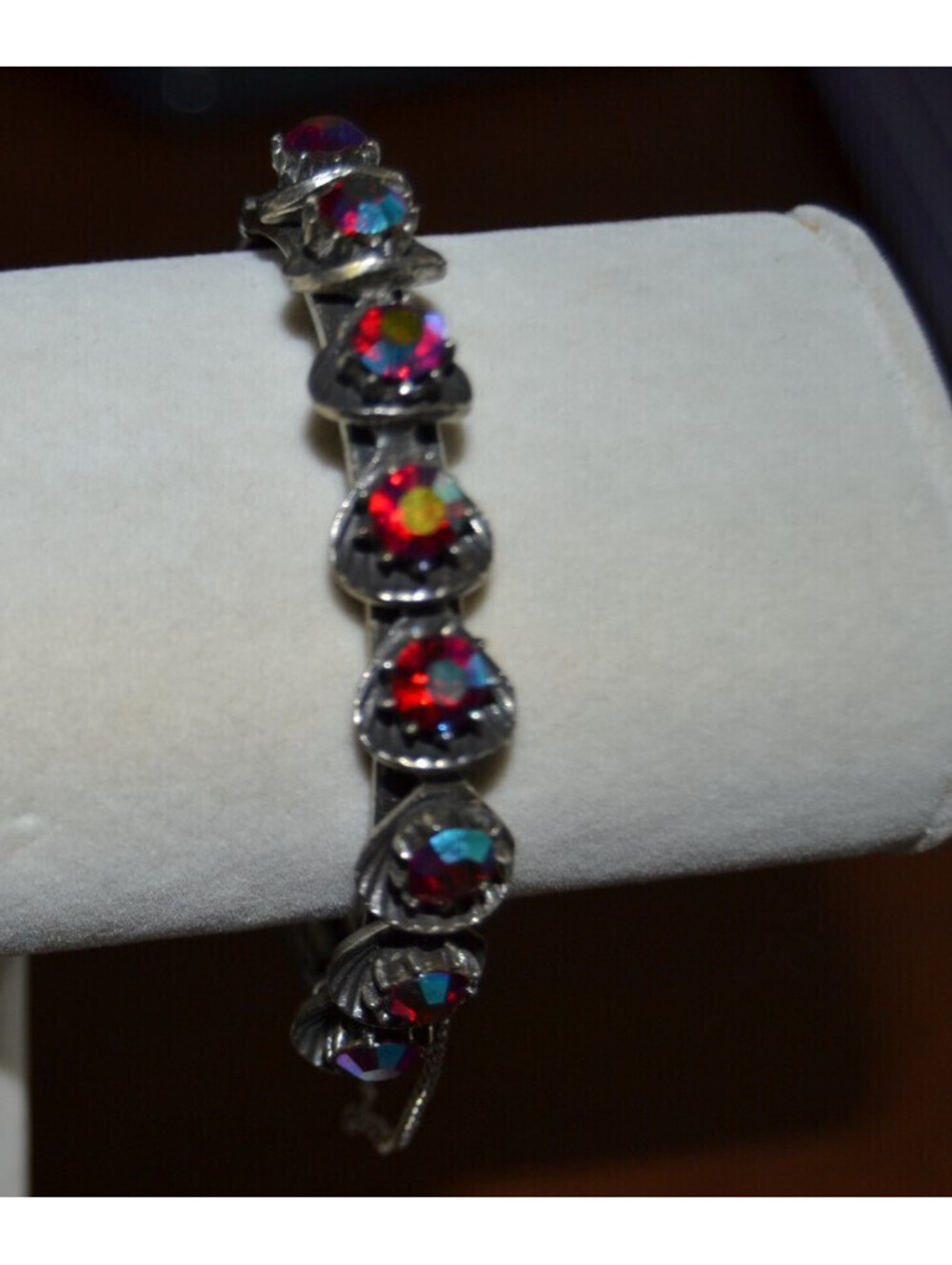 Florenza Hinged Bangle AB Rhinestone Bracelet Signed Silver Tone Vintage